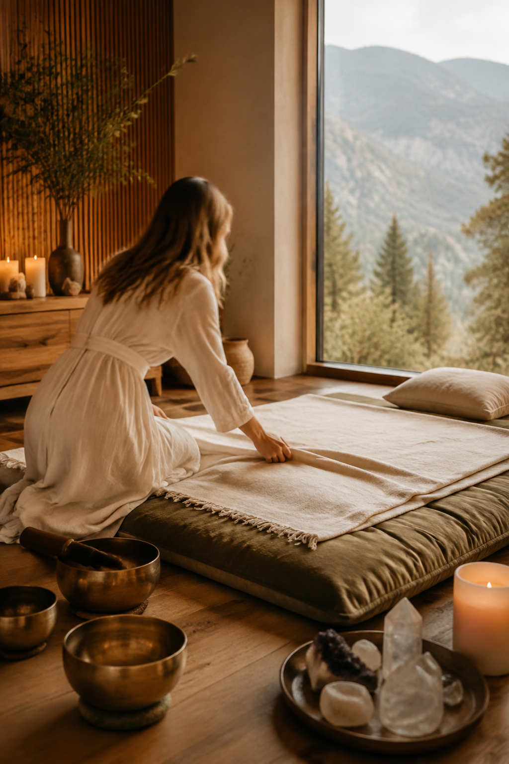 Serene private healing room prepared for a guided journey